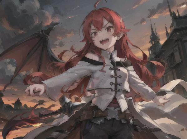 Eris against a red dragon, the dragon breathes fire with its mouth open, eris uses a sword with both hands, concept art, epic lighting, cinematographic ,Eris_Greyrat, red eyes, red hair <lora:erisGreyratYoungLORA_eris:0.7>