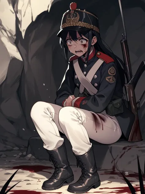 score_9,score_8_up,score_7_up,source_anime,rating_safe,<lora:em_soldier:0.8>,early modern soldier,1 girl,solo,upper body,long black hair,white pants,black jacket,scared,sitting in cave,sweat,boots,injury,blood,