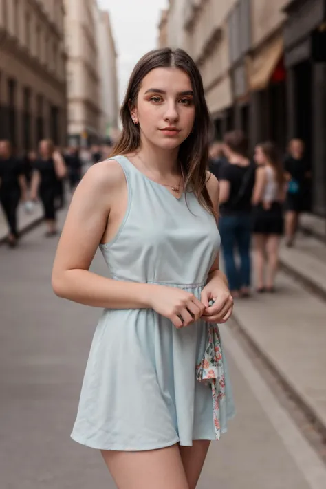 <lora:Sarah:0.8>, full color portrait of a young woman, wearing a summer dress, in a crowded street, natural light, RAW photo, subject, 8k uhd, dslr, soft lighting, high quality, film grain, Fujifilm XT3, Nikon D850