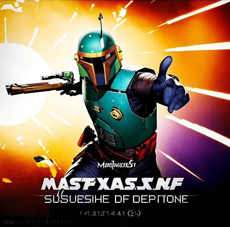 A visual title screen,Anime and Game Styles in the Early Years,masterpiece:1.4,best quality:1.4,high resolution:1.4,optical mixing,This is a cool title,Game Title,The character is the title itself.,Characters are words, not images.,Character Title,Look at the audience,(using subtle shifts in color and tone to create depth and dimension and a sense of craftsmanship and skill:1.3),expansive scenes,<lora:ARWbobafett:1>,bobafett,