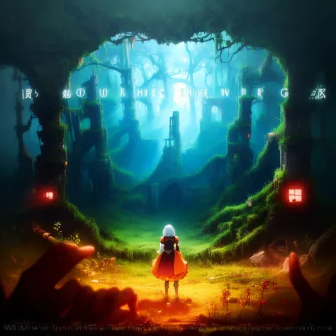 A visual title screen,Anime and Game Styles in the Early Years,masterpiece:1.4,best quality:1.4,high resolution:1.4,optical mixing,This is a cool title,Game Title,1girl,((((It presents a metaphor for the cruelty and horror of the game.)))),wide-angle vistas,immersive landscapes,(using subtle shifts in color and tone to create depth and dimension and a sense of craftsmanship and skill:1.3),stunning views,expansive scenes,visual depth,