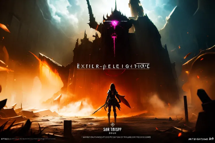 A visual title screen,(extreme detailed),(trending on artstation),(striking visuals),(Super-Resolution),unique visual effect,1girl,Text Style,gameCG,artistic technique,The background is a dark-style picture to unfold the character.,Real game textures,Darkness,Terror,