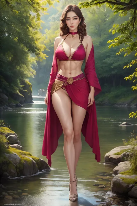 Goddess Aphrodite, bunches of grapes in her hair, narrow loincloth, Mount Olympus, red wine waterfall