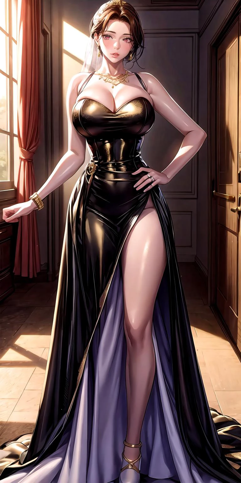 masterpiece:1.5, best quality:1.5, aesthetic, 1girl, sidelocks, cinematic lighting, sharp focus,large breasts , mature female ,16k, glowing eyes, detailed 4k eyes,
playground,seduction,sexy lips, parted lips,detailed lips,
red lips, high detailed background, purple eyes, detailed face,shiny skin,solo
AuntJune, auntjunev2,single hair bun, brown hair, bangs,
, (black and golden wedding dress:1.6),jewelry, blush,,large breasts, cleavage,full body, long dress, flowers, bridal veil, (bridal gown:1.5),wedding, (golden viel),necklace, long earrings, wedding hall, (multiple dresses), (room full of wedding dress:1.5), clothes hanger,
<lora:oil2.0_2-512LORA:0.7>
<lora:add_detail:1> <lora:AuntJuneV2:0.5>
