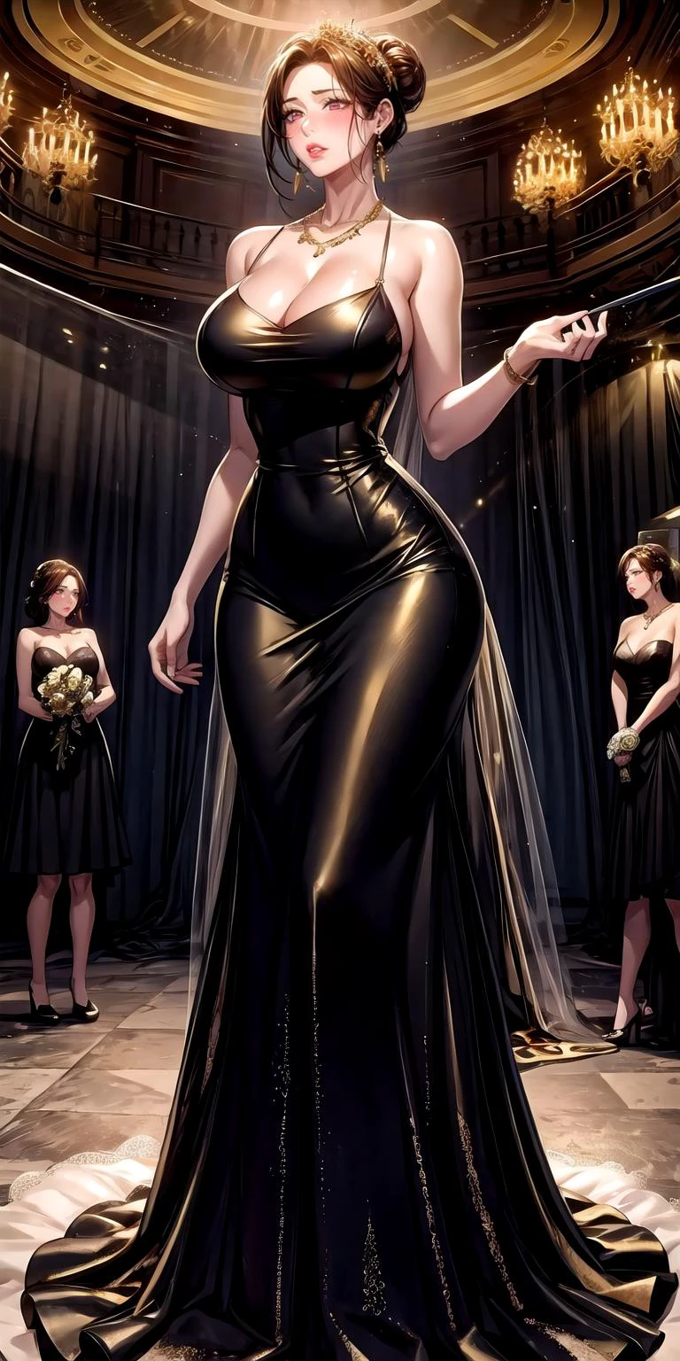 masterpiece:1.5, best quality:1.5, aesthetic, 1girl, sidelocks, cinematic lighting, sharp focus,large breasts , mature female ,16k, glowing eyes, detailed 4k eyes,
playground,seduction,sexy lips, parted lips,detailed lips,
red lips, high detailed background, purple eyes, detailed face,shiny skin,solo
AuntJune, auntjunev2,single hair bun, brown hair, bangs,
, (black and golden wedding dress:1.6),jewelry, blush,,large breasts, cleavage,full body, long dress, flowers, bridal veil, (bridal gown:1.5),wedding, (golden viel),necklace, long earrings, wedding hall, multiple girls, multiple boys,
<lora:oil2.0_2-512LORA:0.7>
<lora:add_detail:1> <lora:AuntJuneV2:0.5>