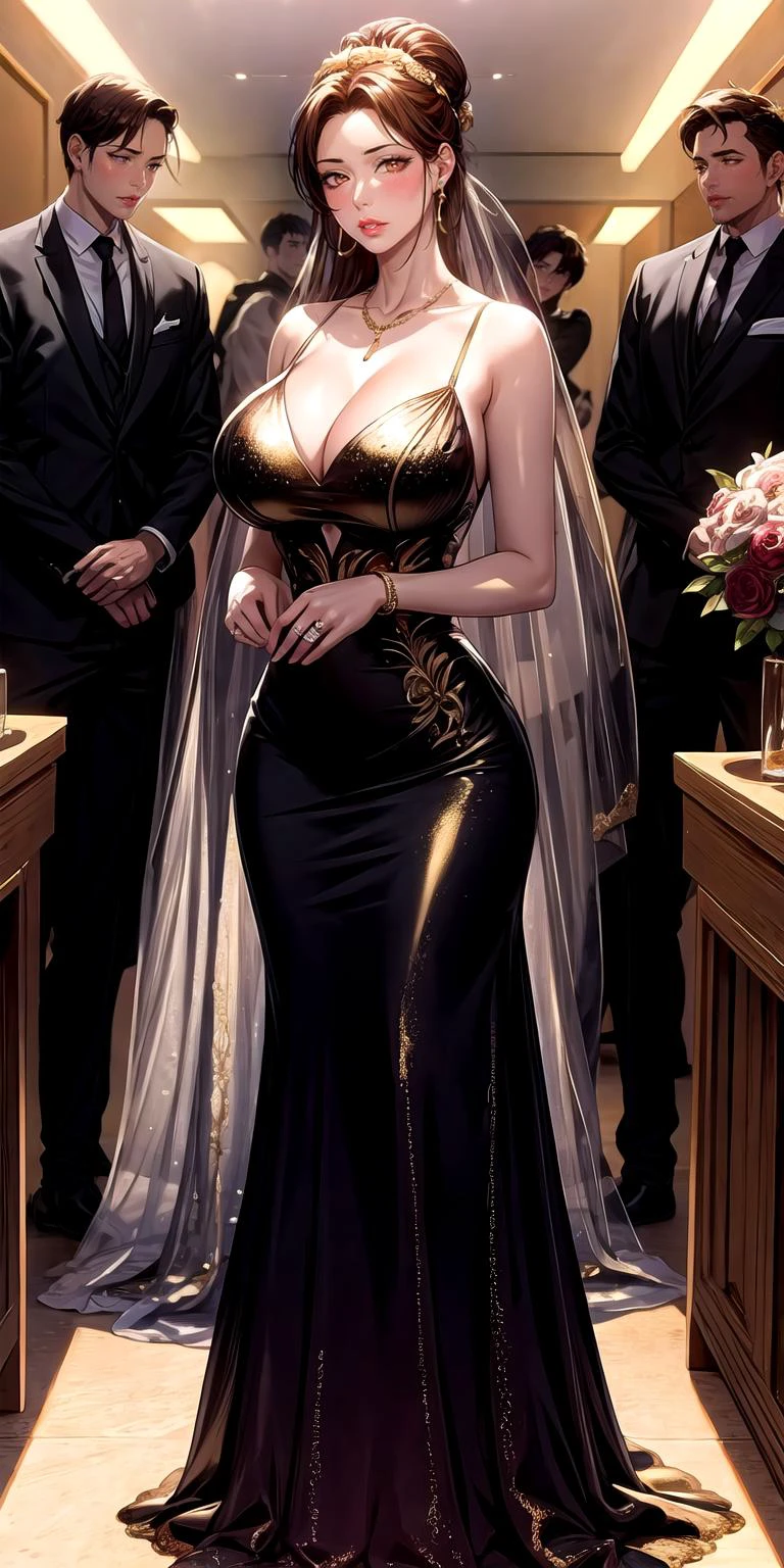 masterpiece:1.5, best quality:1.5, aesthetic, 1girl, sidelocks, cinematic lighting, sharp focus,large breasts , mature female ,16k, glowing eyes, detailed 4k eyes,
playground,seduction,sexy lips, parted lips,detailed lips,
red lips, high detailed background, purple eyes, detailed face,shiny skin,solo
AuntJune, auntjunev2,single hair bun, brown hair, bangs,
, (black and golden wedding dress:1.6),jewelry, blush,,large breasts, cleavage,full body, long dress, flowers, bridal veil, (bridal gown:1.5),wedding, (golden viel),necklace, long earrings, wedding hall, multiple girls, multiple boys,
<lora:oil2.0_2-512LORA:0.7>
<lora:add_detail:1> <lora:AuntJuneV2:0.5>