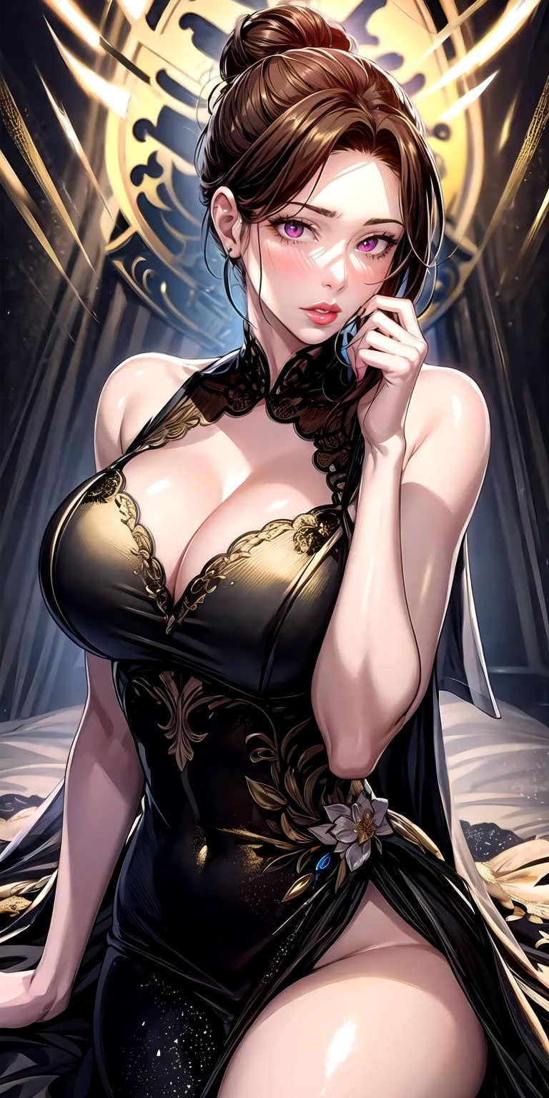 masterpiece:1.5, best quality:1.5, aesthetic, 1girl, sidelocks, cinematic lighting, sharp focus,large breasts , mature female ,16k, glowing eyes, detailed 4k eyes,
playground,seduction,sexy lips, parted lips,detailed lips,
red lips, high detailed background, purple eyes, detailed face,shiny skin,solo
AuntJune, auntjunev2,single hair bun, brown hair, bangs,
, (black and golden wedding dress:1.6),jewelry, blush,,large breasts, cleavage,
<lora:oil2.0_2-512LORA:0.7>
<lora:add_detail:1> <lora:AuntJuneV2:0.5>