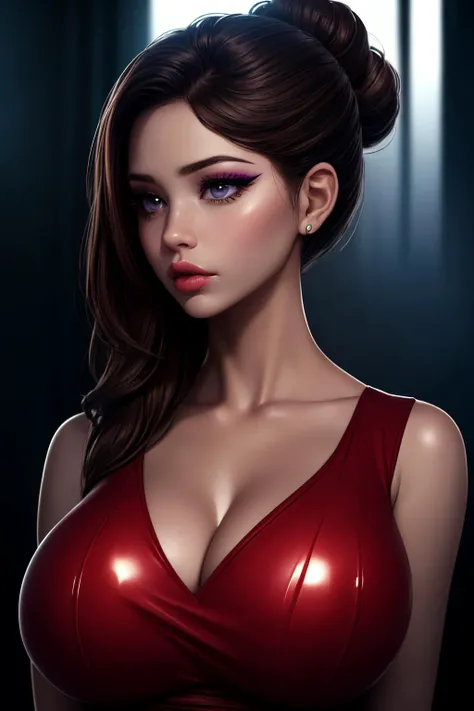 (ultra realistic,32k,RAW photo:1.1),(high detailed skin:1.1), 8k uhd, dslr, high quality, film grain, (makeup, mascara:1.1), lips,(thick\lips\), 
(shiny glossy translucent clothing:1.1), <lora:AuntJuneV3:0.6>auntjunev2,AuntJune,single hair bun, bangs, messy hair,brown hair,Purple Eyes,red dress, sleeveless dress, collarbone, <lora:add_detail:0.82>, huge breast, 
Standing with arms behind the head, (upper body:1.1)
 (busty:1.1) ,  (chubby:0.1),(soft shaded:1.2),<lora:LowRA:0.4>, dark theme, A place with a morbid look that resembles a funeral a little foggy