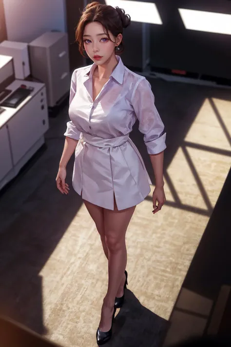 highres,absurdres,masterpiece,best quality,original,extremely detailed CG,extremely detailed wallpaper,perfect lighting,standing on the stage,lips,jitome,makeup,blurry background,from above,looking at viewer,
<lora:AuntJuneV3:0.75>,auntjune,single hair bun,bangs,messy hair,brown hair,Purple Eyes,office lady,