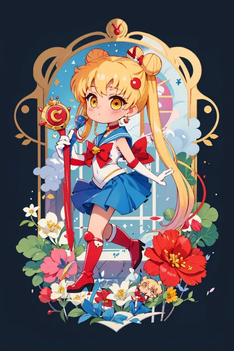 ((masterpiece)), (best quality),
SMNouveau, 1girl, solo, long hair, skirt, blonde hair, hair ornament, gloves, bow, holding, twintails, jewelry, very long hair, yellow eyes, flower, pleated skirt, earrings, choker, elbow gloves, white gloves, sailor collar, hair bun, red bow, blue skirt, double bun, rose, colored skin, magical girl, white flower, blue sailor collar, crescent, wand, red choker, sailor senshi uniform, holding wand, crescent earrings, long boots, high heels, art nouveau, (from side:1.2), full body,
<lora:SMNouveau-10:0.6>, (chibi:1.4)