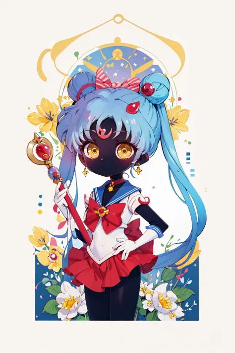 ((masterpiece)), (best quality),
SMNouveau, 1girl, solo, long hair, skirt, blonde hair, hair ornament, gloves, bow, holding, twintails, jewelry, very long hair, yellow eyes, flower, cowboy shot, pleated skirt, earrings, choker, elbow gloves, white gloves, sailor collar, hair bun, red bow, blue skirt, double bun, rose, colored skin, magical girl, white flower, blue sailor collar, crescent, faceless, wand, red choker, sailor senshi uniform, holding wand, black skin, crescent earrings, art nouveau,
<lora:SMNouveau-10:0.8>, (chibi:1.4)