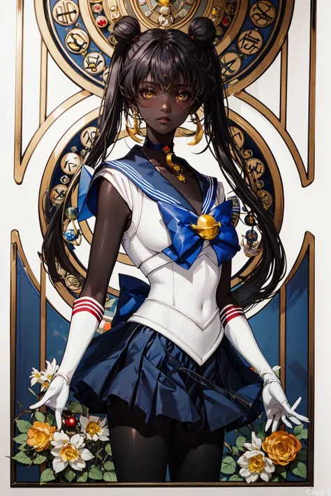((masterpiece)), (best quality),
SMNouveau, 1girl, solo, long hair, skirt, blonde hair, hair ornament, gloves, bow, holding, twintails, jewelry, very long hair, yellow eyes, flower, cowboy shot, pleated skirt, earrings, choker, elbow gloves, white gloves, sailor collar, hair bun, red bow, blue skirt, double bun, rose, colored skin, magical girl, white flower, blue sailor collar, crescent, faceless, wand, red choker, sailor senshi uniform, holding wand, black skin, crescent earrings, art nouveau,
<lora:SMNouveau:0.8>
