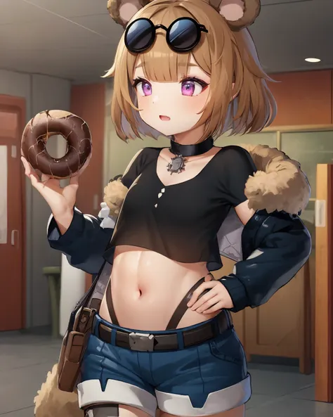 (extremely detailed CG unity 8k wallpaper),(masterpiece), (best quality), (ultra-detailed), (best illustration),(best shadow), cowboy shot, (sharp eyeliner, eyeshadow, detailed eyes:1.1), school background
,BREAK
  grizzlyloli, holding donut
<lora:(p)GrizzlyMk5:1>