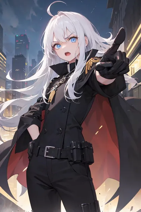 (masterpiece, best quality), 1girl, solo, white hair, blue eyes, absurdly long hair, flat chest, ahoge, pale skin, petite, military, black uniform, futuristic, night, glow, serious, outside, streets, futuristic city, dark, rtx, black military pants, (black cloak:1.2), (tactical gloves:1.1), fantasy, blue energy, blue electricity, black sky, (pointing at the viewer:1.2), open mouth, HDR, ultra-detailed, quantum, v-shaped eyebrows, angry, hand on hip, belt, medals