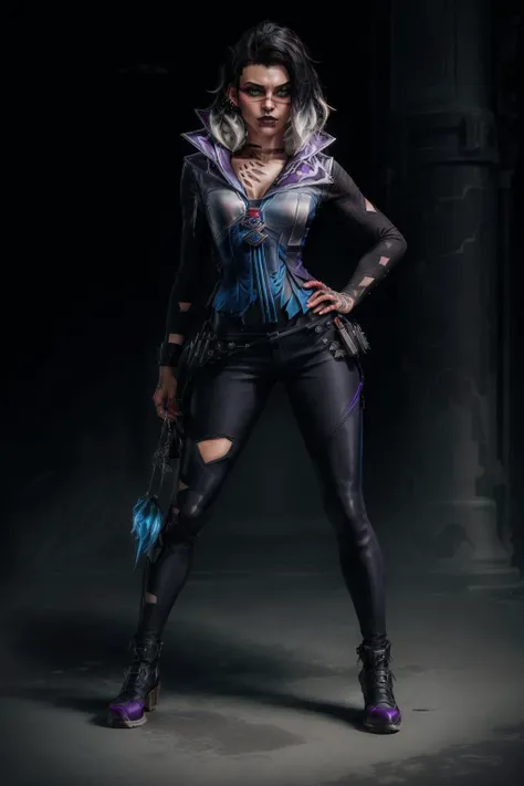 (Fade_Valorant ), full body portrait, solo, multicolored hair, detailed face, piercing, jewelry, black hair, blue-violet angular futuristic closed suit with straight collar, tight pants, steel-soled boots, slim skinny figure, white hair, tattoo, earrings, nose piercing, long hair, two-tone hair, lip piercing, looking at viewer, short hair,left eyeblue , right eye red color , perfect eyes color, detailed face+eyes, finely detailed beautiful eyes, lips, gradient hair, makeup, heterochromia, ear piercing, standing, looking at viewer, full body, slim waist, perfect bod, legs , masterpiece, best quality, insanely intricate details, intricate details, incredible detail, hypermaximalistic, ((vivid color)), 4k, <lora:Fade-10:1.0> , <lora:add_detail:1>