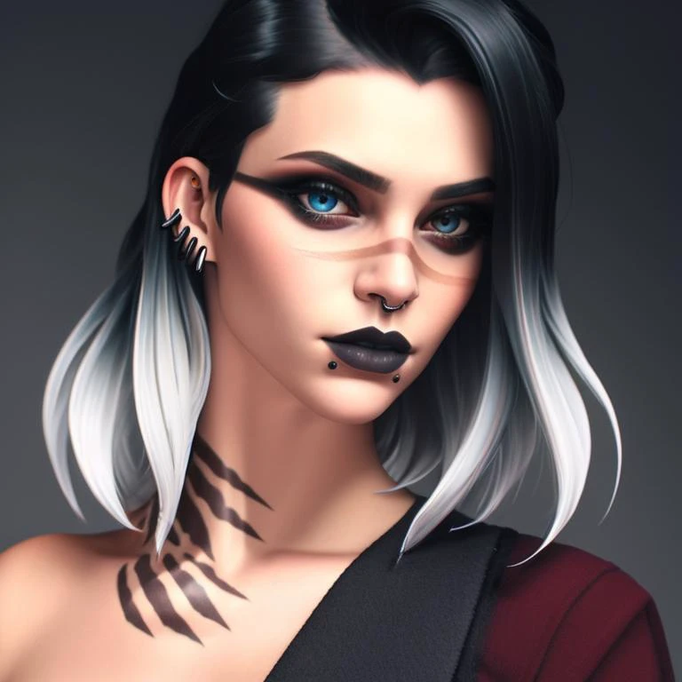 Fade_Valorant, 1girl, solo, multicolored hair, piercing, jewelry, black hair, white hair, tattoo, earrings, nose piercing, long hair, two-tone hair, lip piercing, looking at viewer, short hair, blue left eye, red right eye, lips, gradient hair, makeup, heterochromia, ear piercing, looking at viewer, full body, slim waist, perfect bod, high heels, legs , <lora:Fade-10:0.8>