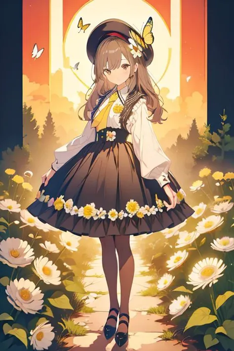 illustration,butterfly,flower,1girl,long hair,hat,yellow flower,necktie,holding,frills,dress,bangs,pantyhose,black footwear,black headwear,skirt,ribbon,daisy,full body,pink bow,<lora:illustration_20240520235257-000003:0.7>,border,colorful,incredibly absurdres,available light,nature,flowers meadows,