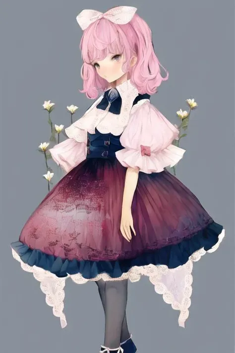 illustration,butterfly,flower,1girl,flowers meadows,frills,dress,colorful,pantyhose,full body,pink bow,(border),incredibly absurdres,available light,nature,simple background,grey background,<lora:å¹»æ³v2 (1):1>,