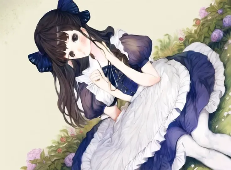 illustration,butterfly,flower,1girl,flowers meadows,frills,dress,colorful,pantyhose,full body,pink bow,(border),incredibly absurdres,available light,nature,simple background,<lora:å¹»æ³v2 (1):1>,
best quality,best quality,best masterpiece,cute anime face,Authentic skin texture,
dutch angle,
braid,hair bun,
2cutegirls,young,
curvy,
bed room,
maid,fair_skin,<lora:lian:1>,medium breasts,blush,anime_style_blush,