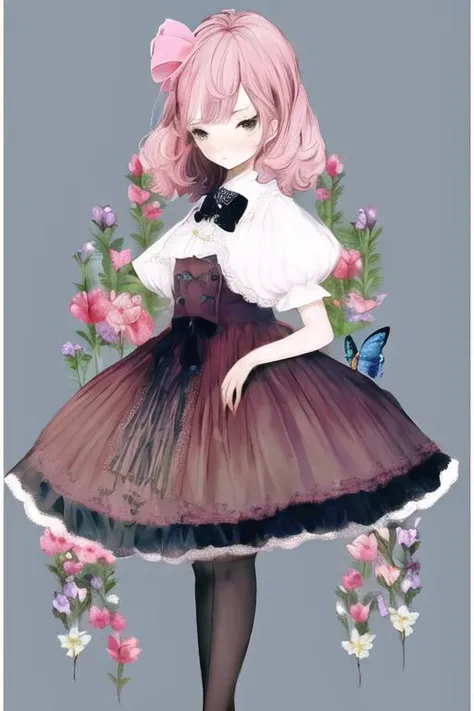 illustration,butterfly,flower,1girl,flowers meadows,frills,dress,colorful,pantyhose,full body,pink bow,(border),incredibly absurdres,available light,nature,simple background,grey background,<lora:å¹»æ³v2 (1):1>,