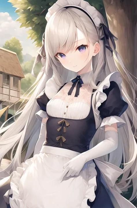 illustration,1girl,solo,long hair,dress,crown,elbow gloves,white hair,
<lora:v3_epoch_7:0.8>,in summer,treehouse,striped_scarf,jumpsuit,maid_apron,