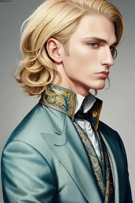 male gellert grindelwald,<lora:gucciTrainedWithNo_v10:2.5>, photo of balenciago fashion, lips pursed, stern aloof look, profile picture, full torso and head in shot, fashion magazine photoshoot, fashionable hairstyle, cheekbones, hair fluffed and down, blonde hair, blue eyes, dark green suit, 1boy, solo, young,
