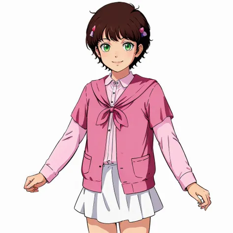 masterpiece,high quality,white background,simple background,
<lora:leinaashta001:0.7>,solo,looking at viewer,smile,
leina_ashta,1loli,
short hair,brown hair,hair ornament,hair bow,bangs,green eyes,
shirt,pink jacket,long sleeves,layered sleeves,short sleeves,white skirt,miniskirt,