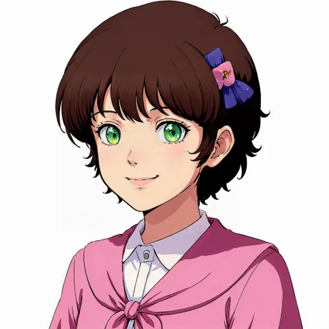 masterpiece,high quality,white background,simple background,
<lora:leinaashta001:0.7>,solo,looking at viewer,smile,
leina_ashta,1loli,
short hair,brown hair,hair ornament,hair bow,bangs,green eyes,
shirt,pink jacket,
close up,
