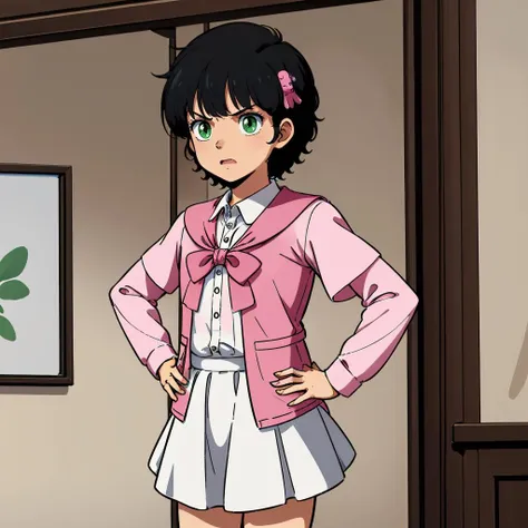 masterpiece,high quality,indoors,
<lora:leinaashta008:0.7>,
leinaashta,1loli,
curly hair,black hair,hair ornament,bangs,green eyes,
shirt,pink jacket,long sleeves,layered sleeves,short sleeves,
white skirt,miniskirt,
hands on the hips,get angry,