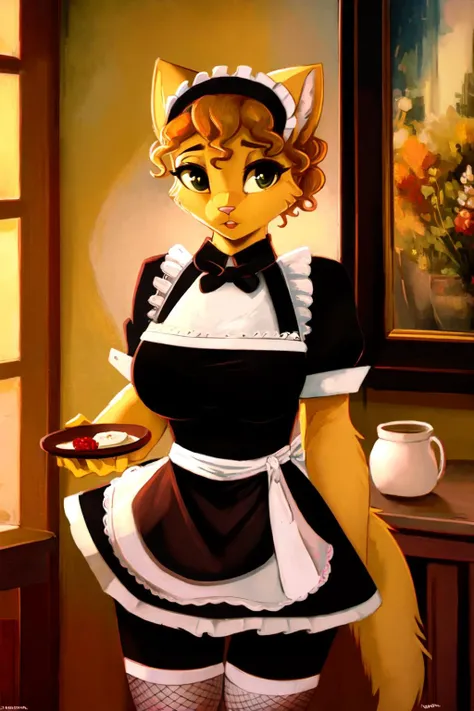 <lora:katia-v1-locon:1> katia, small breast, (detailed fluffy fur:1.2), shy face,  (serving dinner:1.2), (curly hair:1.2), cat tail,
sagging breasts,  (english 1950s \(style\) [light blue|gold] dress) under  (white waist frilled apron:1.2) fr3nchma1d, apron, maid, maid headdress, thighhighs, garter straps, fishnets
(masterpiece:1.2), (highly detailed:1.2), (intricate:1.2), (best quality:1.2), (realistic:1.2), (photographic:1.2),
manor dining room, (art deco walls), (art deco windows),
cinematic light, vivid colors, <lora:Sagging Breasts v1:1> <lora:fr3nchma1d:0.7>