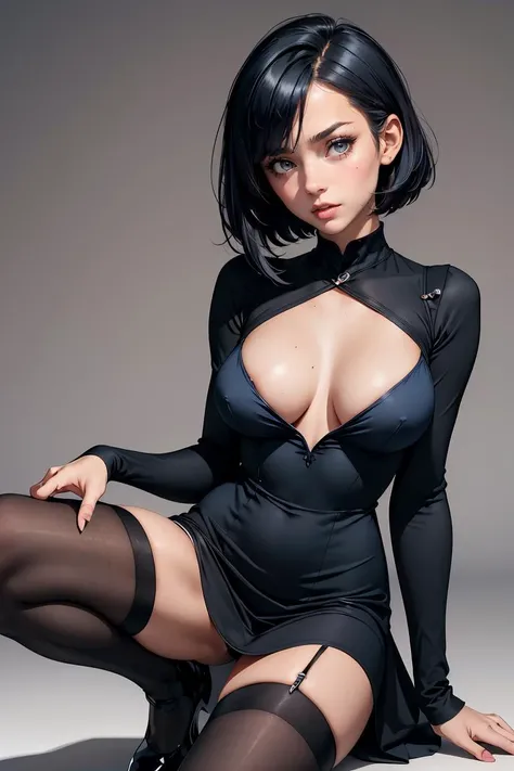 (masterpiece, best quality), 1girl,Dark blue Short Brushed Up Hair with Tapered Sides, Size A breasts,   <lora:q1m41d:1> q1m41d, long sleeves, black maid dress, short dress, mary jane shoes, knee highs/