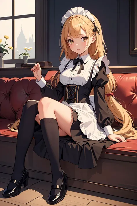 (masterpiece, best quality), 1girl,Dandelion Fishtail Braid with Ribbon Detail, Size G breasts,   <lora:q1m41d:1> q1m41d, long sleeves, black maid dress, short dress, mary jane shoes, knee highs/