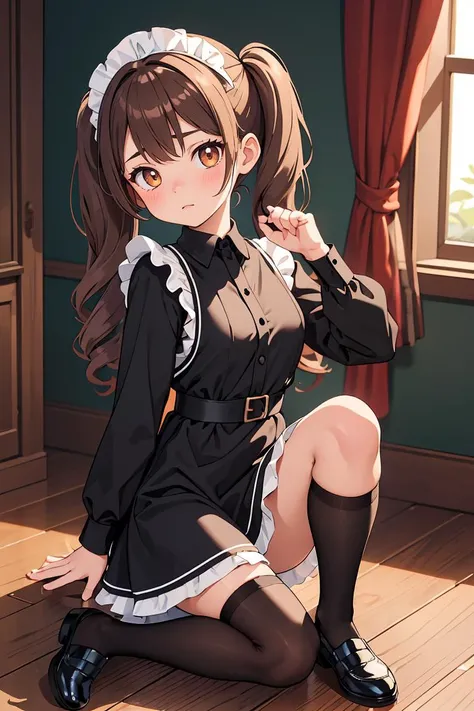 (masterpiece, best quality), 1girl,Ash Brown High Pigtails with Colored Hair Ties, Size H breasts, <lora:q1m41d:1> q1m41d, long sleeves, black maid dress, short dress, mary jane shoes, knee highs/