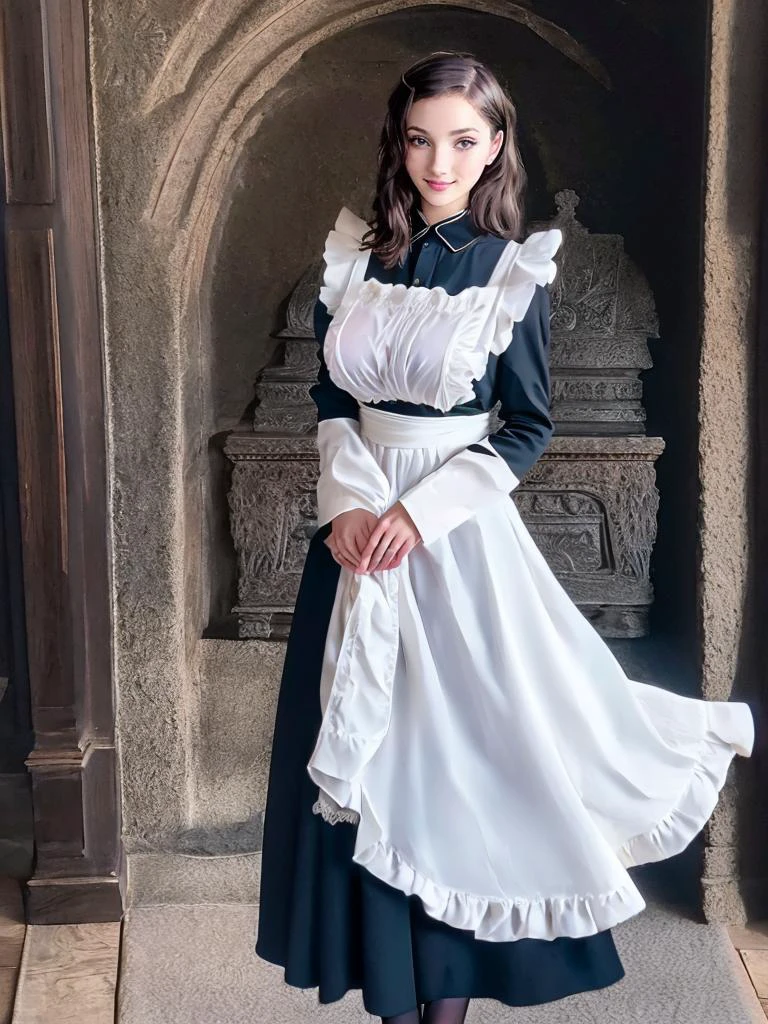 (((medium shot:1.5)))photo of a 30 years old naked (Merger_ruby_marhime),,1girl, (facing front Looking at viewer, small waist, medium hips, (big natural breast:1.5) ), nsfw (on back),((A moody, candlelit crypt with historic stone carvings and a sense of mystery)),(green long Glamorous Hollywood waves hair) ,wide depth of field, soft skin, elegant makeup,(smile), wearing <lora:l0ngma1d:0.75> l0ngma1d, long sleeves, bow, apron, maid, frilled apron,