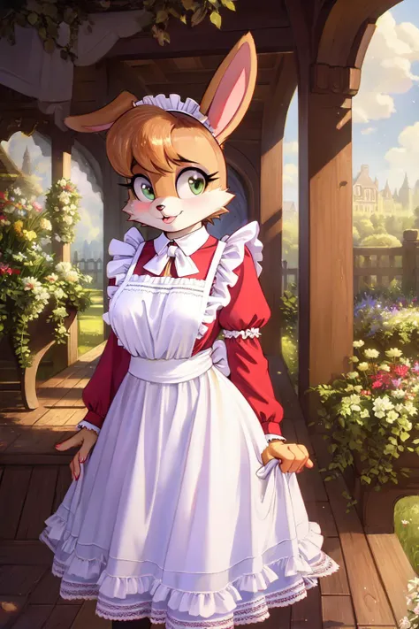 <lora:bunnierabbot-v1-locon:1> bunnierabbot, small breast, (detailed fluffy fur:1.2), seductive face, sexy invitation pose,
sagging breasts,  (english 1950s \(style\) red dress) under  (white waist frilled apron:1.2), l0ngma1d, long sleeves, bow, maid,
(masterpiece:1.2), (highly detailed:1.2), (intricate:1.2), (best quality:1.2), (realistic:1.2), (photographic:1.2),
outdoor, floral garden, in front of manor,
cinematic light, vivid colors, <lora:Sagging Breasts v1:1>  <lora:l0ngma1d:0.7>