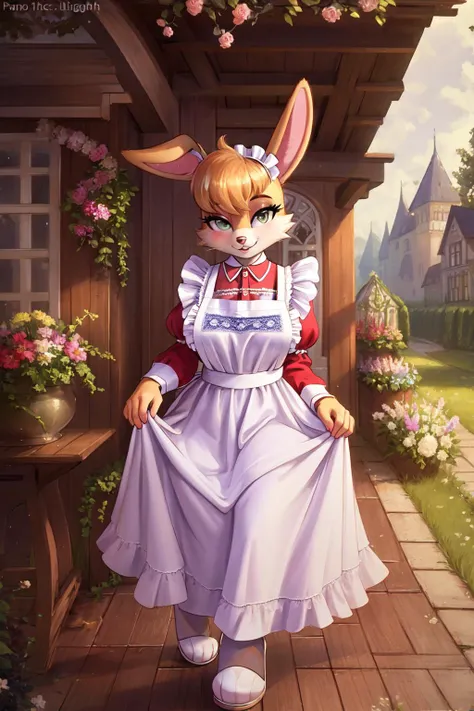 <lora:bunnierabbot-v1-locon:1> bunnierabbot, small breast, (detailed fluffy fur:1.2), seductive face, sexy invitation pose,
sagging breasts,  (english 1950s \(style\) red dress) under  (white waist frilled apron:1.2), l0ngma1d, long sleeves, bow, maid,
(masterpiece:1.2), (highly detailed:1.2), (intricate:1.2), (best quality:1.2), (realistic:1.2), (photographic:1.2),
outdoor, floral garden, in front of manor,
cinematic light, vivid colors, <lora:Sagging Breasts v1:1>  <lora:l0ngma1d:0.7>