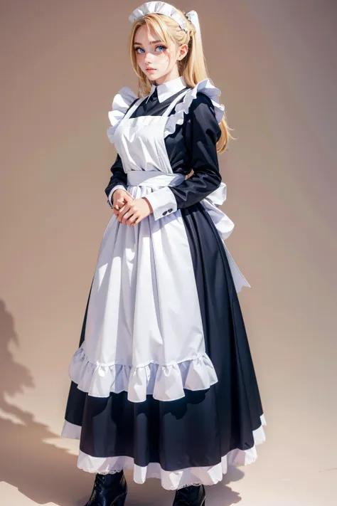 l0ngma1d, long sleeves, bow, apron, maid, frilled apron, <lora:l0ngma1d:0.7> 1girl, cute, long hair, blonde hair, blue eyes, freckles:0.3,masterpiece, best quality, <lora:detail_slider_v4:2> white background,