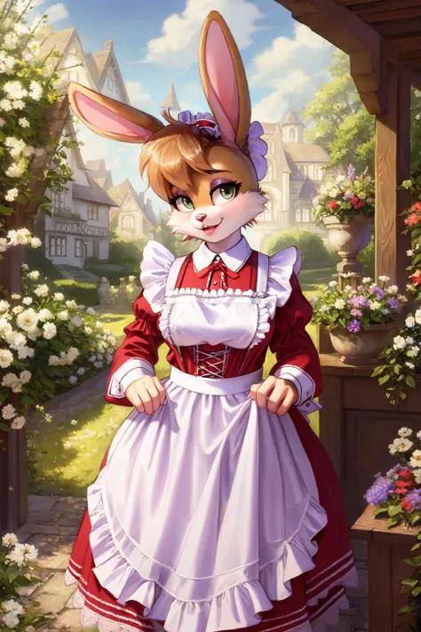 <lora:bunnierabbot-v1-locon:1> bunnierabbot, small breast, (detailed fluffy fur:1.2), seductive face, sexy invitation pose,
sagging breasts,  (english 1950s \(style\) red dress) under  (white waist frilled apron:1.2), l0ngma1d, long sleeves, bow, maid,
(masterpiece:1.2), (highly detailed:1.2), (intricate:1.2), (best quality:1.2), (realistic:1.2), (photographic:1.2),
outdoor, floral garden, in front of manor,
cinematic light, vivid colors, <lora:Sagging Breasts v1:1>  <lora:l0ngma1d:0.7>