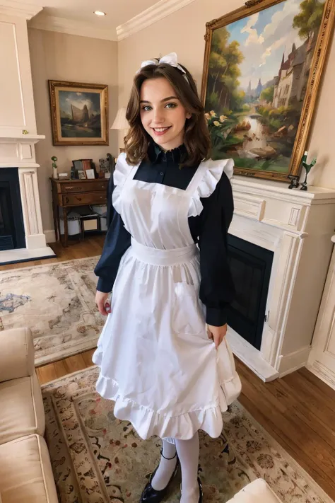 <lora:PB:.7>, green eyes, ginger hair, l0ngma1d, long sleeves, bow, apron, maid, frilled apron, looking at viewer, serious, smiling, standing, inside living room, sofa, framed painting, high quality, masterpiece,  <lora:l0ngma1d:.6>