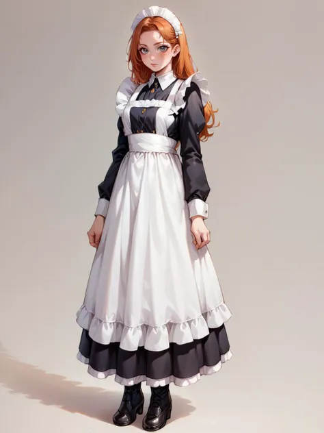 score_9, score_8_up, score_7_up, score_6_up, l0ngm41d, long sleeves, bow, apron, maid, frilled apron, full body, ginger hair,  <lora:l0ngm41dXLP:0.6>