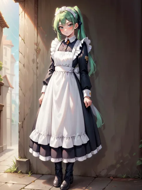 score_9, score_8_up, score_7_up, score_6_up, l0ngm41d, long sleeves, bow, apron, maid, frilled apron, full body  <lora:l0ngm41dXLP:0.6>