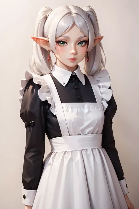 l0ngm41d, long sleeves, bow, apron, maid, frilled apron, <lora:l0ngm41dXLP:0.6> <lora:ChamFrierenPonyXL:1> Frieren,green eyes,white hair,long hair,twintails, earrings,small chest, flat, Score_9, Score_8_up, Score_7_up, Score_6_up, Score_5_up, Score_4_up, BREAK,1girl in full growth, best quality, masterpiece, ultra-detailed, high quality,good quality,1 girl,(master piece,high resolution, ultra detailed,8K,16K),look at viewer