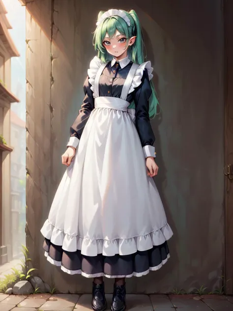 score_9, score_8_up, score_7_up, score_6_up, l0ngm41d, long sleeves, bow, apron, maid, frilled apron, full body  <lora:l0ngm41dXLP:0.6>