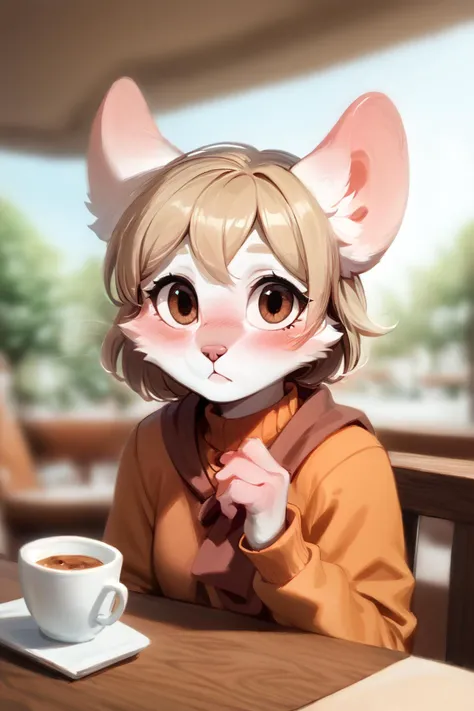 intricate details, score_9, score_8_up, score_7_up, score_6_up, score_5_up, furry, anthro, 1girl, <lora:Moushley_PonyXL_1.0:1> moushley, solo, blush, sweater, looking at viewer, brown eyes, cafe, blurry background, sitting, table, <lora:pony_good_hands:1> good_hands, better_hands, <lora:OtherStyle_03:0.6>  <lora:The_last_of_us_Style:0.4>,  PoV