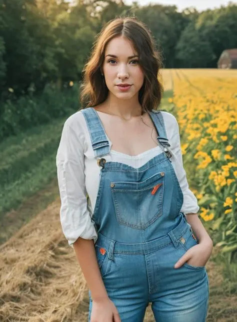 closeup portrait, professional photo, front lit natural lighting, upper body, facing viewer, mouth open, beautiful thin woman wearing  denim overalls, standing straight up outside on a farm, <lora:TanyaSongV3:0.8>  vivid colors