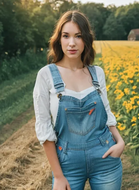 closeup portrait, professional photo, front lit natural lighting, upper body, facing viewer, mouth open, beautiful thin woman wearing denim overalls, standing straight up outside on a farm, <lora:TanyaSongV3:0.8> vivid colors