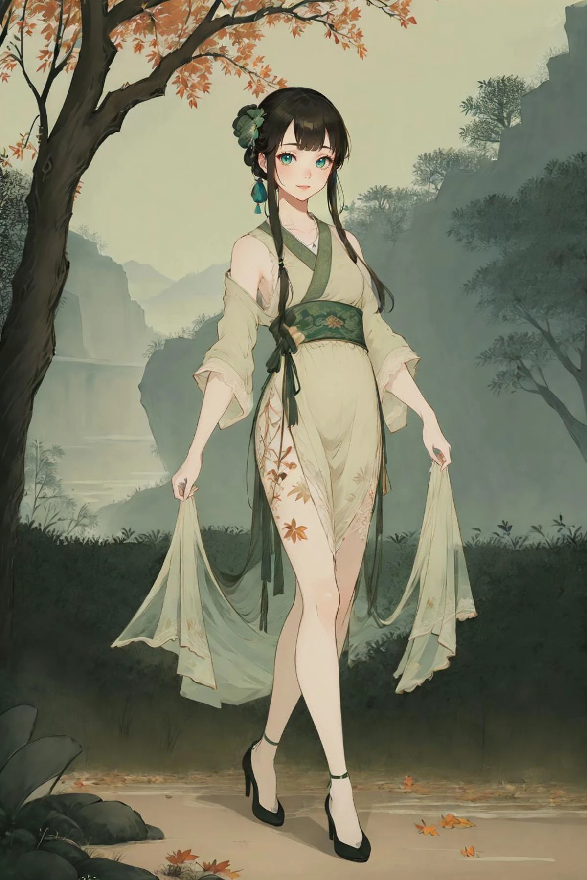 <lora:guofeng:0.9>,(chinese_art_style, simple background, green background),1girl,smile,standing,full body, hanfu,high heels,(cowboy shot),(outdoors, tree, leaves, chinese style buildings),(masterpiece,high quality,best quality),(colorful),(delicate eyes and face),volumatic light,ray tracing,extremely detailed CG unity 8k wallpaper,