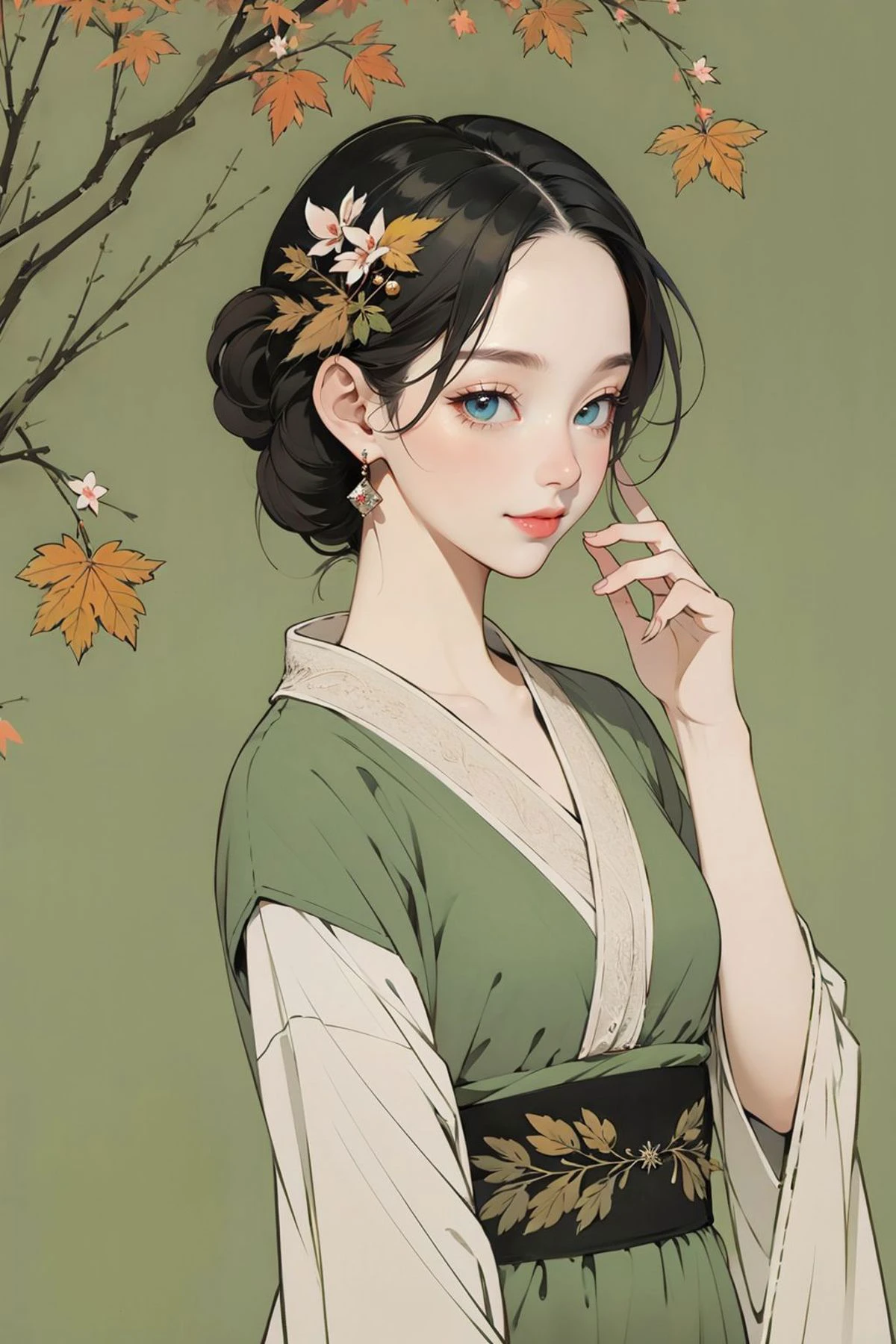 <lora:guofeng:0.85>,(chinese_art_style,simple background,green background),1girl,standing,upper body,hanfu,(tree, leaves,outdoors),(masterpiece,high quality,best quality),(colorful),(delicate eyes and face),volumatic light,ray tracing,extremely detailed CG unity 8k wallpaper,