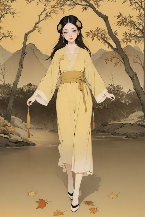 <lora:guofeng:0.85>,(chinese_art_style,simple background,yellow background),1girl,standing,full body,hanfu,(tree, leaves,outdoors),(masterpiece,high quality,best quality),(colorful),(delicate eyes and face),volumatic light,ray tracing,extremely detailed CG unity 8k wallpaper,