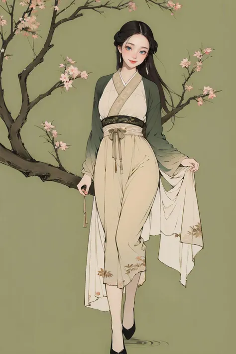 <lora:guofeng:0.9>,(chinese_art_style, simple background, green background),1girl,smile,standing,full body,hanfu,high heels,(cowboy shot),(outdoors, tree, leaves, chinese style buildings),(masterpiece,high quality,best quality),(colorful),(delicate eyes and face),volumatic light,ray tracing,extremely detailed CG unity 8k wallpaper,